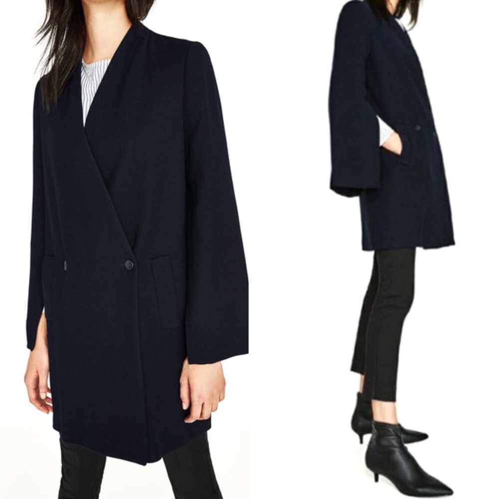 Zara Split-Sleeve Navy Blue Wool Blend Double Breasted Crossover Coat